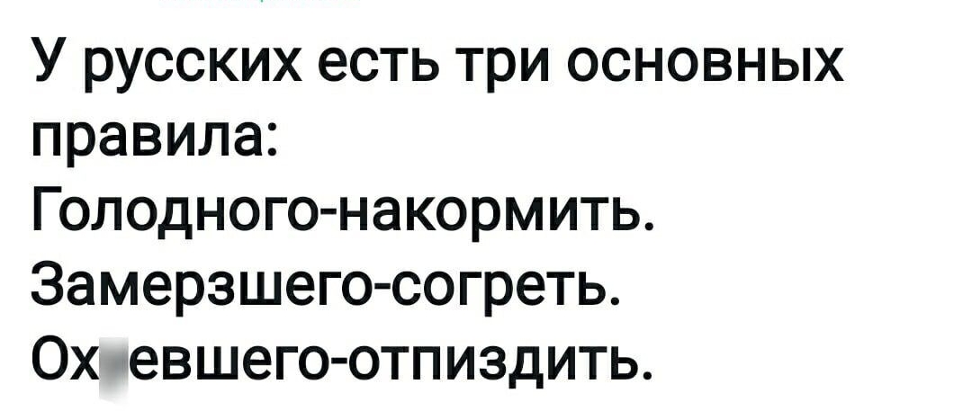 У русских есть три основных правила Голодного накормить Замерзшего согреть Ох евшегоотпиздить