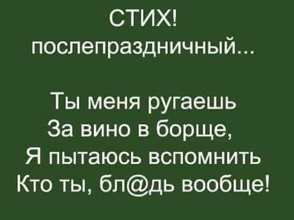 СТИХ послепраздничный Ты меня ругаешь За вино в борще Я пытаюсь вспомнить Кто ты бпдь вообще