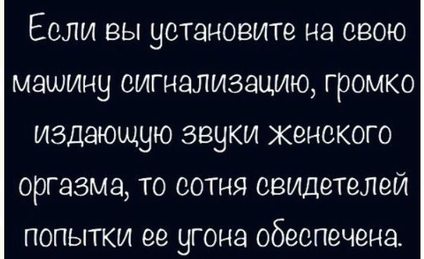 Если вы установите на свою машину сигнализацию громко издающую звуки женского оргазма то сотня свидетелей попытки ее угона обеспечена