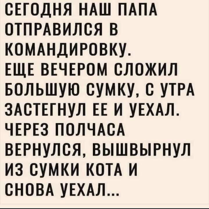 СЕГОДНЯ НАШ ПАПА ОТПРАВИЛСЯ В КОМАНДИРОВКУ ЕЩЕ ВЕЧЕРОМ СЛОЖИЛ БОЛЬШУЮ СУМКУ С УТРА ЗАСТЕГНУЛ ЕЕ И УЕХАЛ ЧЕРЕЗ ПОЛЧАСА ВЕРНУЛСЯ ВЫШВЫРНУЛ ИЗ СУМКИ КОТА И СНОВА УЕХАЛ