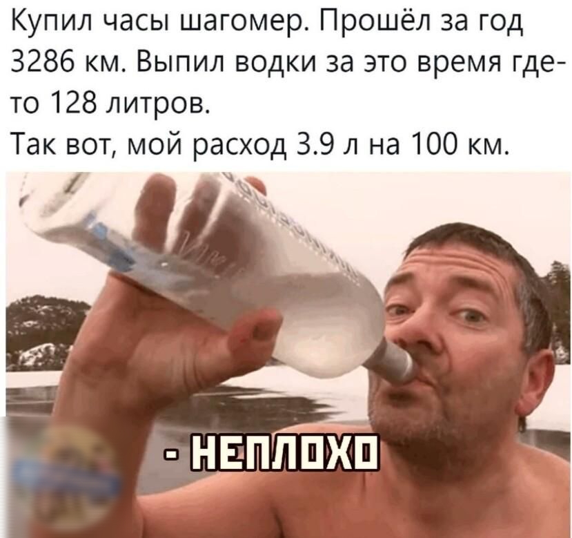 Купил часы шагомер Прошёл за год 3286 км Выпил водки за это время где то 128 литров Так вот мой расход 39 л на 100 км