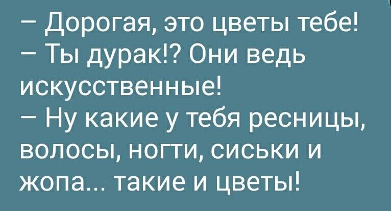 Дорогая это цветы тебе Ты дурак Они ведь искусственные Ну какие у тебя ресницы волосы ногти сиськи и жопа такие и цветы
