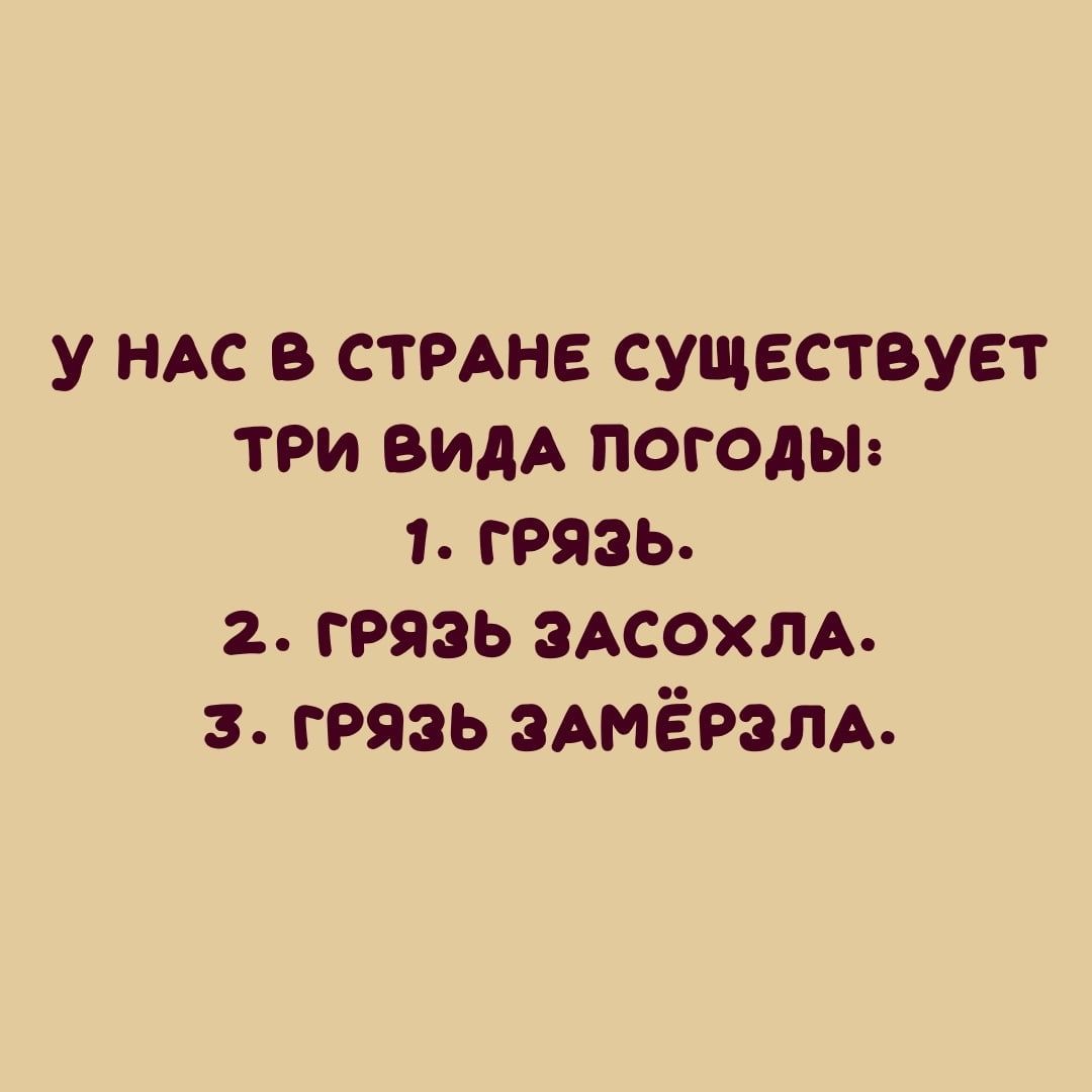 у ндс в СТРАНЕ существует три видА погодьь 1грязь грязь зАсохлА з грязь ЗАМЁРЗЛА