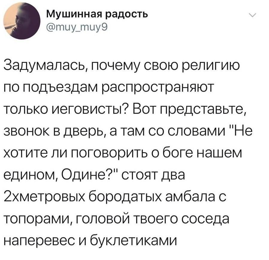 Мушинная радость тцу_гпыу9 Задумалась почему свою религию по подъездам распространяют только иеговисты Вот представьте звонок в дверь а там со словами Не хотите ли поговорить о боге нашем едином Одине стоят два 2хметровых бородатых амбапа с топорами головой твоего соседа наперевес и буклетиками