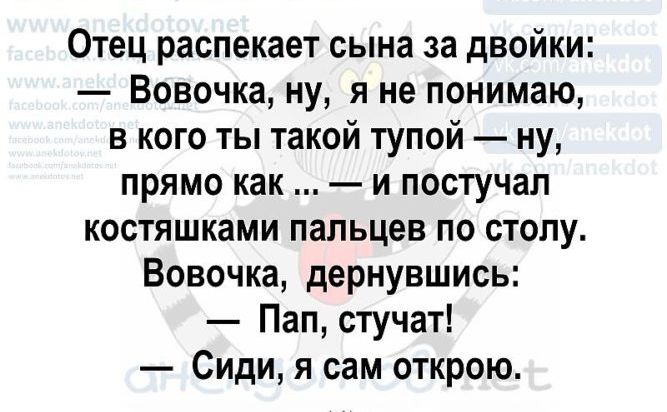 Отец распекает сына за двойки Вовочка ну я не понимаю в кого ты такой тупой ну прямо как и постучал костяшками пальцев по столу Вовочка дернувшись Пап стучат Сиди я сам открою