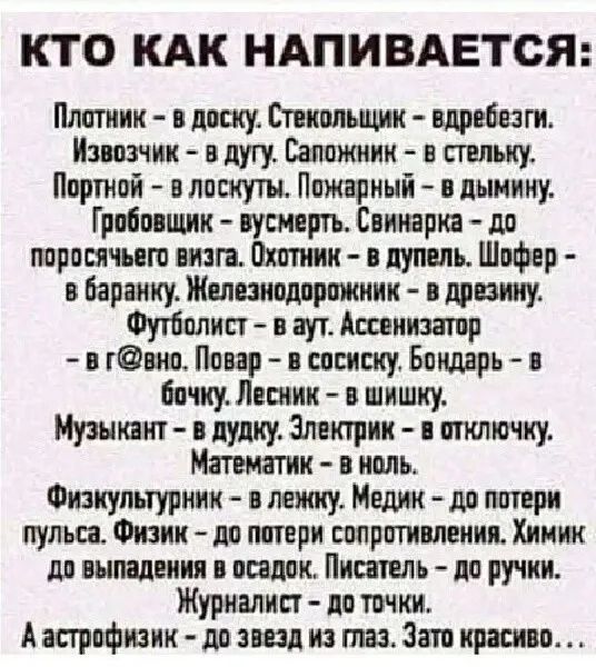 КТО КАК НАПИВАЕТОЯ Плотик доску Етоиопшши вдребезги Мош сии вцуту Сапожник в столику Портной в лоскуток Пожарный пыиику Гроіовщик пусннргь Свитка до трошки шп Охотник путин Шофер баранку Жыпиодорожиик шапку Футіппист и аут Ащииишр в тот Повар попиту Бондарь бочку Лосиик шишку Муэшшп дудку Зпиктрии општку Напиши в ноль Физкультурник в мяту Медик до потери пульц Физик до потери сопротивлении Химик п