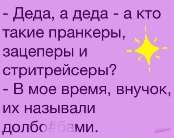 Деда а деда а кто такие пранкеры зацеперы и стритрейсеры В мое время внучок их называли долбс ми