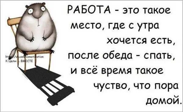РАБОТА это такое место Где с утра хочется есть после обеда спать и всё время такое чуство что пора домой