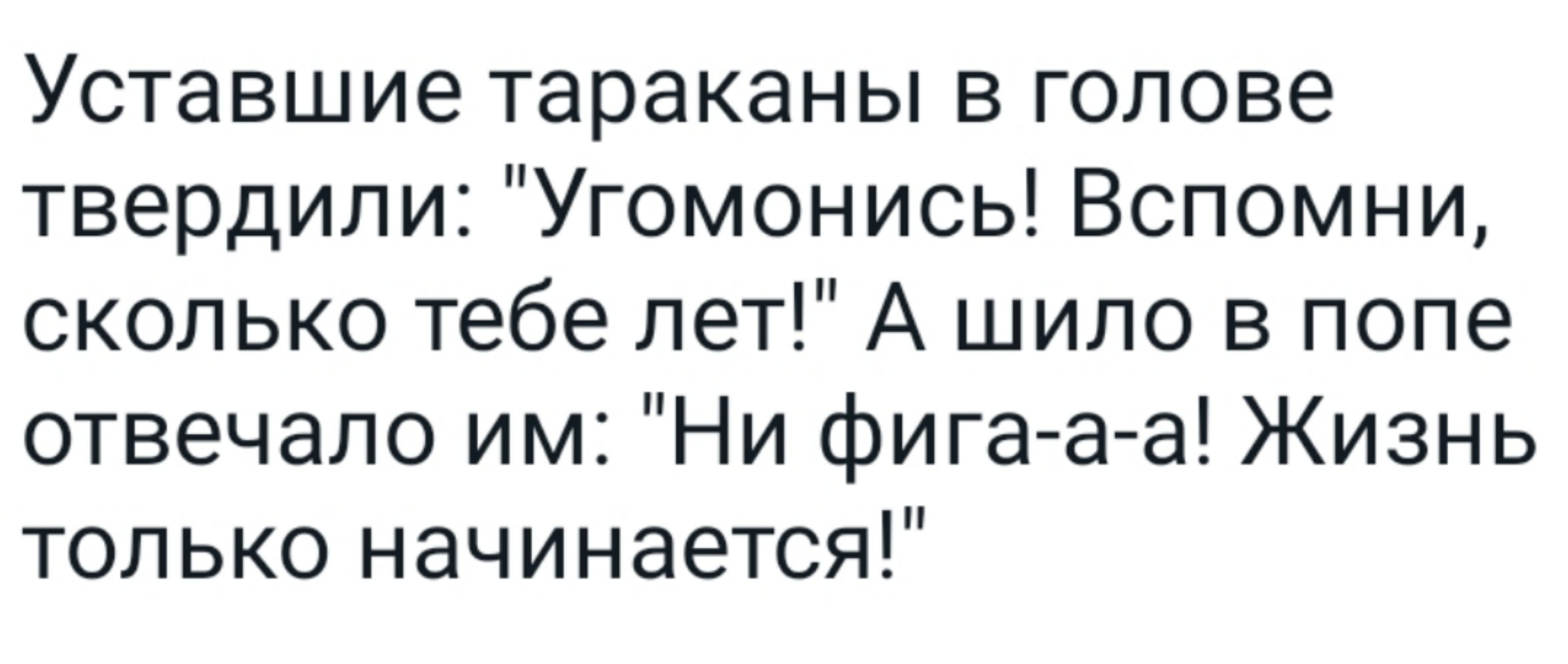 Уставшие тараканы в голове твердили Угомонись Вспомни сколько тебе лет А шило в попе отвечало им Ни фига аа Жизнь только начинается