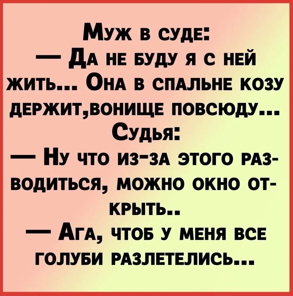 Муж в суды дА и БУдУ я с нвй жить Онд в спдльин козу держитвонищв повсюду Судья _ НУ ЧТО ИЗЗА ЭТОГО РАЗ ВОдИТЪОЯ МОЖНО ОКНО ОТ КРЫТЪ _ АГА ЧТОБ У МЕНЯ ВСЕ ГОЛУБИ РАЗЛЕТЕЛИСЬ