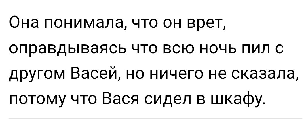 Она понимала что он врет оправдываясь что всю ночь пип с другом Васей но ничего не сказала потому что Вася сидел в шкафу