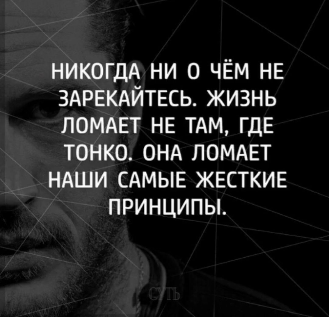 НИКОГДА НИ О ЧЕМ НЕ ЗАРЕКАЙТЕСЬ ЖИЗНЬ ЛОМАЕТ НЕ ТАМ ГДЕ ТОНКО ОНА ЛОМАЕТ НАШИ САМЫЕ ЖЕСТКИЕ ПРИНЦИПЫ