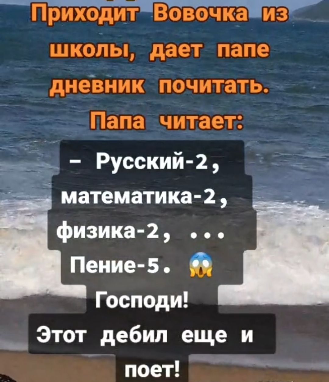ПриходитВовочкаиз __ школы дает папе дневиик почитать _ Папа читает Русский 2 математика 2 физика 2 Пение 5 Господи __ Этот дебил еще и поет