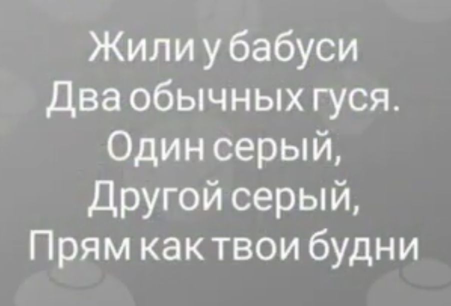 Жили убабуси Два обычных гуся Один серый Другой серый Прям как твои будни