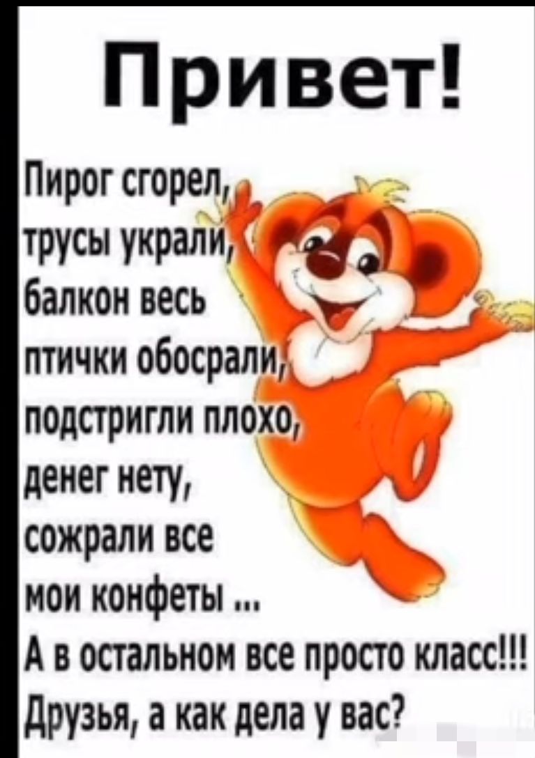 Привет Пирог сгорел ТРУСЫ украли де балкон весь _ птички обосрали подстригли плохо денег нету сожрали все мои конфеты А в остальном все просто класс друзья а как дела у вас