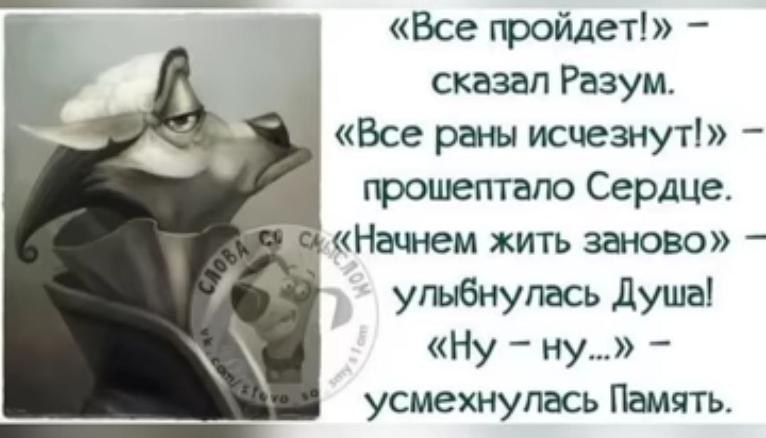 Все пройдет сказал Разум Все раны исчезнут прошептала Сердце Начнем жить заново ушбнупась душа Ну ну усмехнулась Память