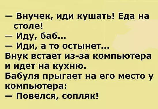 Внучек иди кушать Еда на столе Иду баб Иди а то остынет Внук встает из за компьютера и идет на кухню Бабуля прыгает на его место у компьютера Повелся сопляк