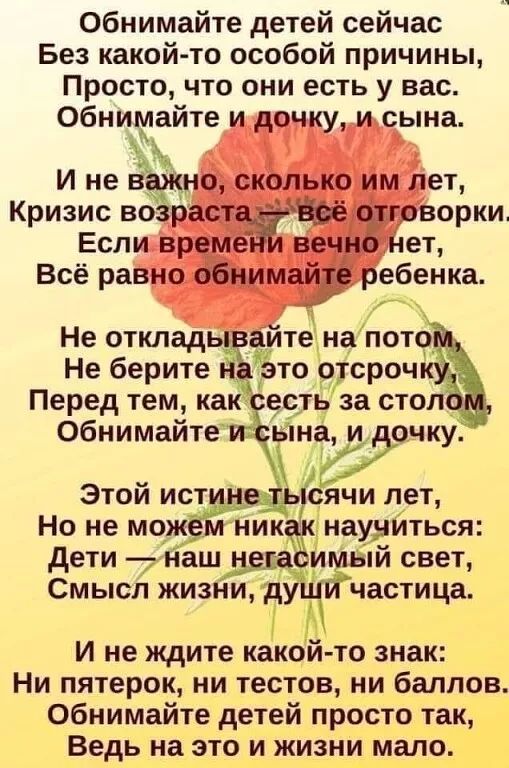 Обнимайте детей сейчас Без какойто особой причины Просто что они есть у вас обнимайте и дочку и сына И не важно сколько им пет Кризис возраст неё отговорки Еспи врем вечно Нет Всё равно обнимайте ребенка и Не отклады айте на пото Не берите н а это отсрочк Перед тем как Ёе за стол Обнимайте гг ына и дочку _ 57 Этой истинеіьтсячи лет Но не можем никак вау диться дети наш цехаёимый свет Смысл жизни д