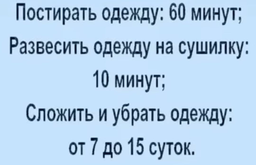 Постирать одежду 60 минут Развесить одежду на сушипку 10 минут Сложить и убрать одежду от 7 до 15 суток