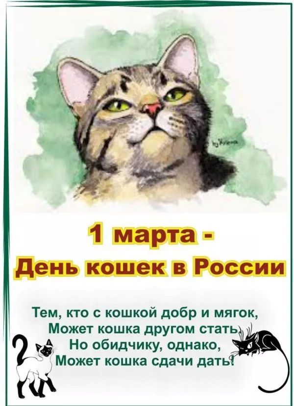 день кошек в России Тем кто с кошкой добр и мягок Может кошка дРУгом стать Но обидчику однако Может кошка сдачи дать Ф