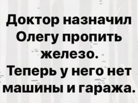 доктор назначил Олегу пропить железо Теперь у него нет машины и гаража