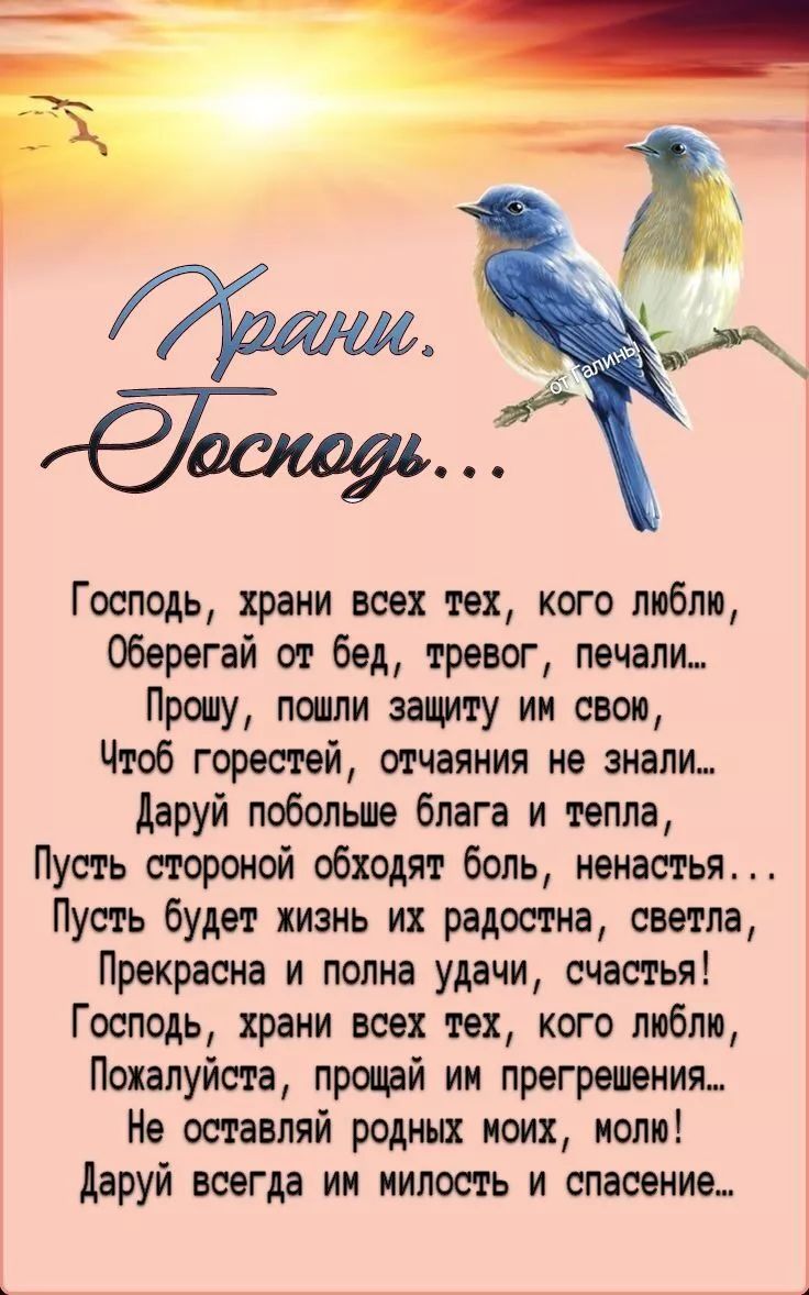 Господь храни всех тех кого люблю Оберегай ш бед тревог печали Прошу пошли зашту ии свои Чтоб горестей отчаяния ие знали даруй побольше блага и тепла Пур ль стороной обходя боль ненастья Пут буди жизнь их радшна светла Прекрасна и полно удачи счастья Господь храни всех тех кого люблю Пожалуйста прощай ии прегрешения Не оставляй родных моих иолю даруй всегда ии милость и спасение