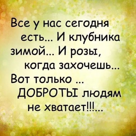 і Все у нас сегодня есть И клубника зимой И розы когда захочешь Вот только ДОБРОТЬ людям не хватает мжіюч