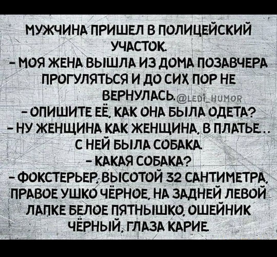 мужчИНА пришел в полицгйский УЧАСТОК моя ЖЕНА вышм из дОНА ПОЗАВЧЕРА прогуляться и до сих пор на рэнумсьщс о опишите гв КАК оНА БЫЛА одЕТА ну ЖЕНЩИНА КАК ЖЕНЩИНА в плпьь с ней БЫЛА СОБАКА КАКАЯ СОБАКА Фокствгьвв высотой 32 САнтипЕТРА ПРАВОЕ ушко ЧЕРНОЕ НА 3Адн5и лввои ЛАПКЕ вёлов пятнышко ошвйник черныи ГЛАЗА КАРИЕ