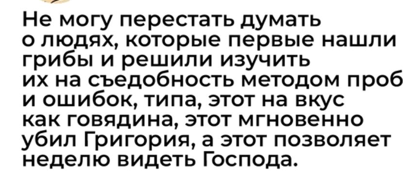 Не могу перестать думать о людях которые первые нашли грибы и решили изучить их на съедобность методом проб и ошибок типа этот на вкус как говядина этот мгновенно убил Григория а этот позволяет неделю видеть Господа