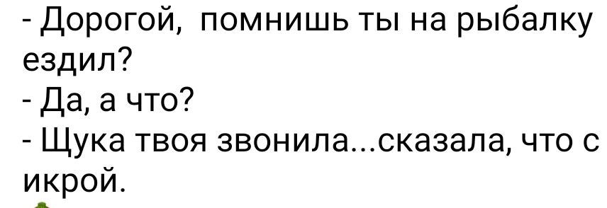 Дорогой помнишь ты на рыбалку ездил Да а что Щука твоя звониласказала что с икрой