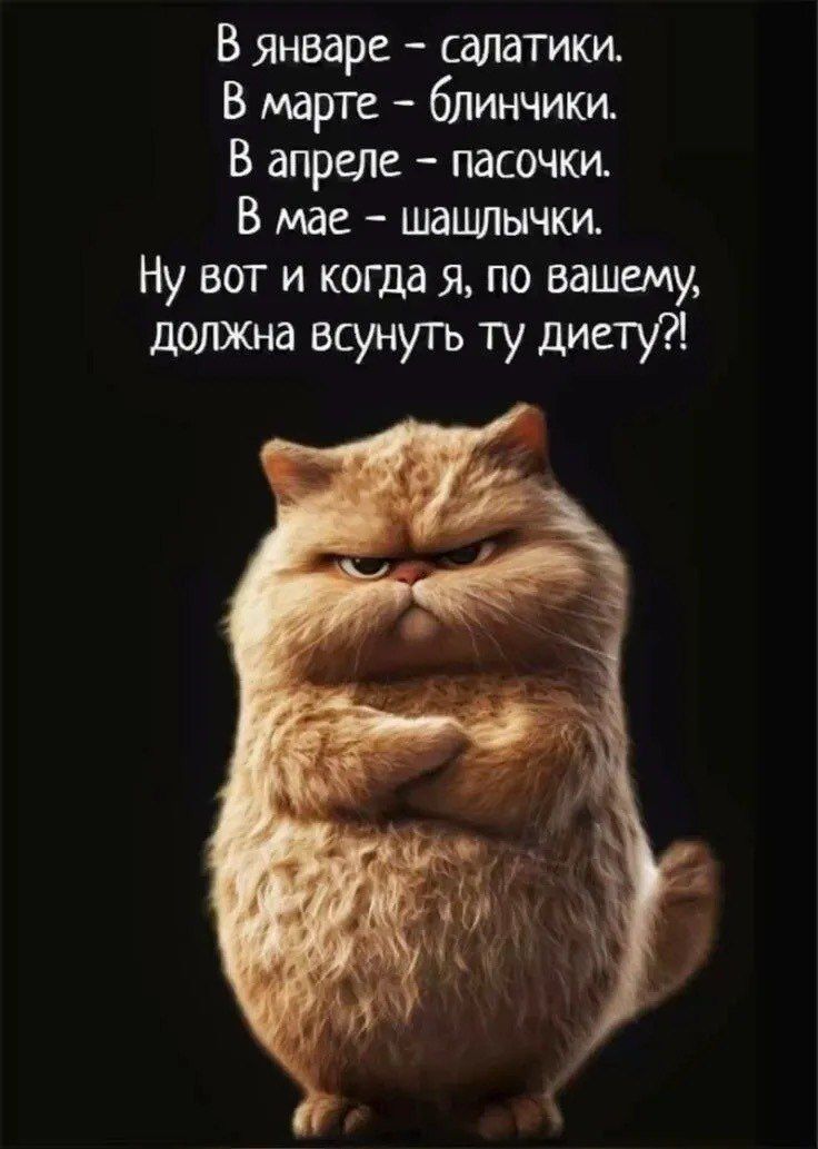 В январе - салатички.
В марте - блинчики.
В апреле - пасочки.
В мае - шашлычки.
Ну вот и когда я, по вашему, должна всунуть ту диету?!