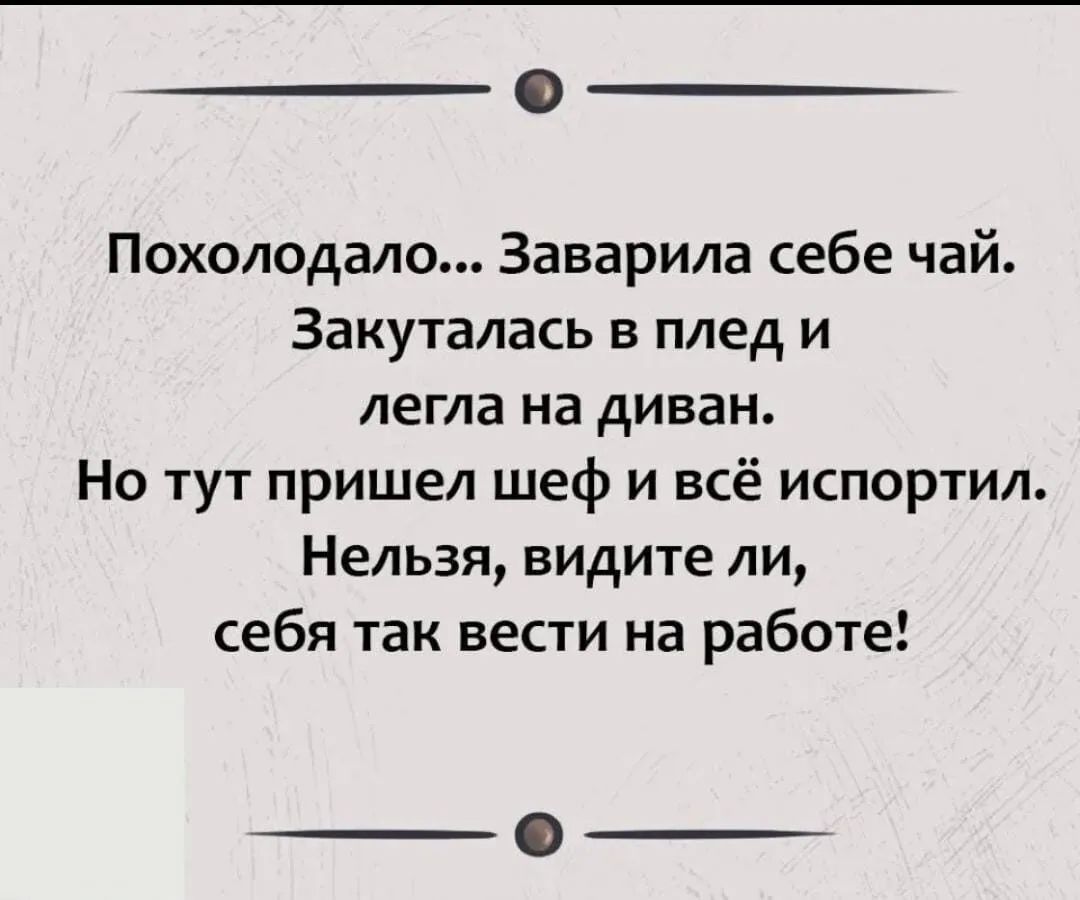 Похолодало Заварила себе чай Закуталась в плед и легла на диван Но тут пришел шеф и всё испортил Нельзя видите ли себя так вести на работе