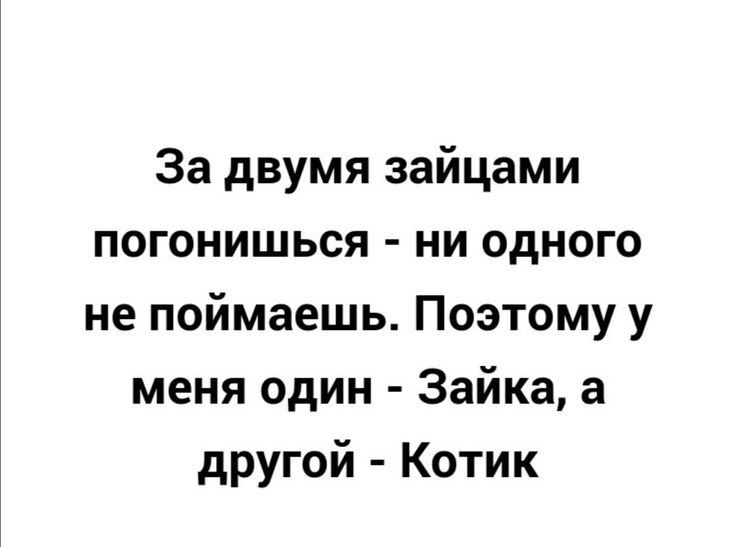 За двумя зайцами погонишься ни одного не поймаешь Поэтому у меня один Зайка а другой Котик