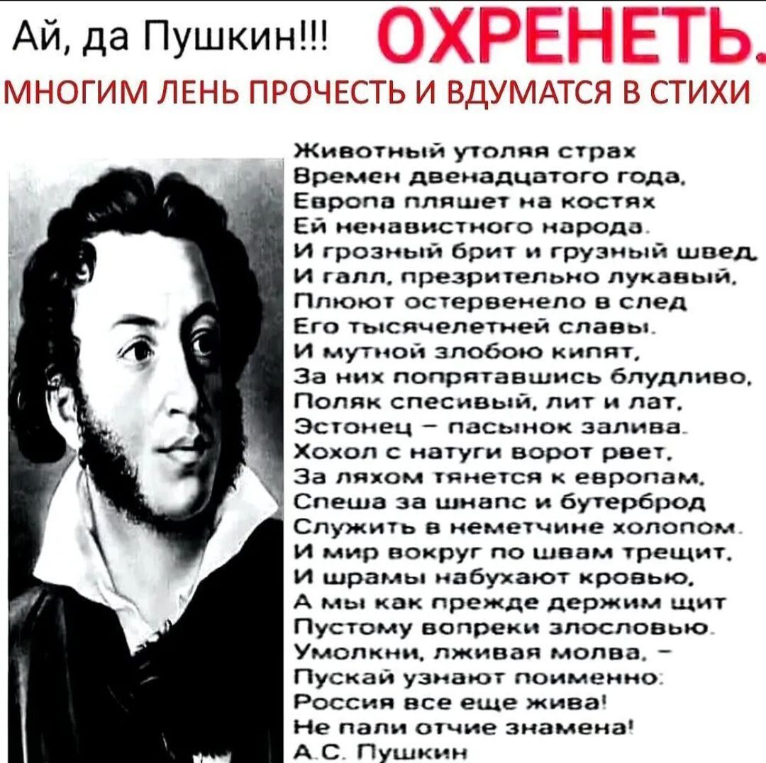 АЙ да Пушкин МНОГИМ ЛЕНЬ ПРОЧЕСТЬ И ВДУМАТСЯ В СТИХи животный утоляя страх Времен двенадцатого года Европа пляшет ма костях ЕЙ ненавистного народо И грозный брит и грузный швед И галл презрительно лукавый Плюют остервенело в след Его тысячелетней славы И мутной злобою кипят За них попрятавшись блудливо Поляк спесивый лит и лат Эстонец пасынок залив