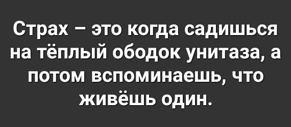 Страх это когда садишься на тёплый ободок унитаза а потом вспоминаешь что живёшь один
