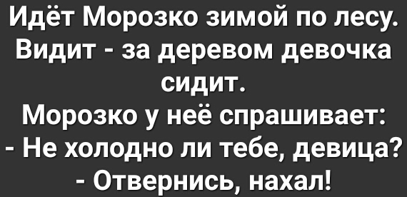 Идёт Морозко зимой по лесу Видит за деревом девочка сидит Морозко у неё спрашивает Не холодно ли тебе девица Отвернись нахал