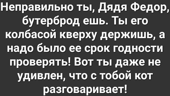 Неправильно ты дядя Федор бутерброд ешь Ты его колбасой кверху держишь а надо было ее срок годности проверять Вот ты даже не удивлен что с тобой кот разговаривает