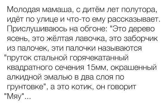 Молодая мамаша с дитём лет полутора идет по улице и чтонто ему рассказывает Прислушиваюсь на обгоне Это дерево ясень это Желтая лавочка это заборчик из палочек зти палочки называются Пруток стальной горячекатанный квадратното сечения 15мм окрашенный апкиднои эмалью в два слоя по трунтовке а это котик он говорит Мяу