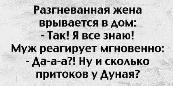 Разгневанная жена врывается в дом Так Я все знаю Муж реагирует мгновенно Аа а а Ну и скодько притоков у Ауная