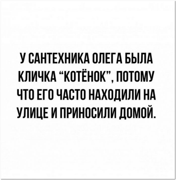 У САНТЕХНИКА ОЛЕГА БЫЛА КЛИЧКА КОТЁНОК ПОТОМУ ЧТО ЕГО ЧАСТО НАХОДИЛИ НА УЛИЦЕ И ПРИНООИЛИ ЛОМОИ