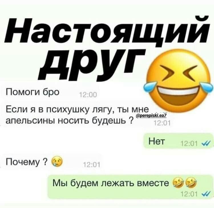Настоящий дРУГ Помоги бро Если я в психушку лягу ты мне 9485 апельсины носить будешь Нет Почему 0 Мы будем лежать вместе 11 4
