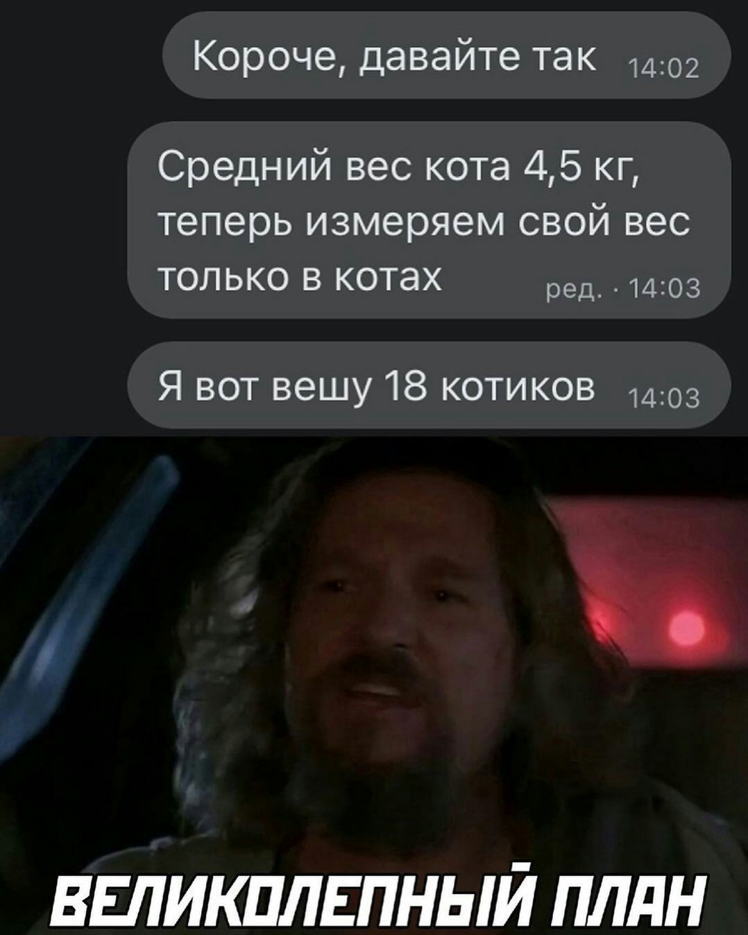 Короче давайте так 1402 Средний вес кота 45 кг теперь измеряем свой вес ТОЛЬКО В котах ред 1403 Я вот вешу 18 котиков 1403 ВЕЛИКПЛЕПНЫЙ ПЛдН