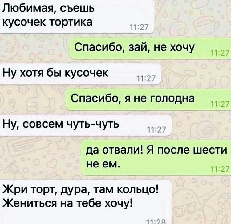 Любимая съешь кусочек тортика Спасибо зай не хочу 1127 Ну хотя бы кусочек _ Спасибо я не голодна 127 Ну совсем чуть чуть да отвали Я после шести не ем 7 Жри торт дура там кольцо Жениться на тебе хочу