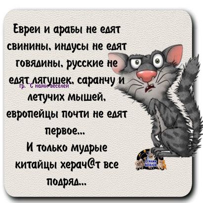 Евреи и нравы не едят свинины индусы не едят говядины русские не 00 ЧТ сарпичу и _ летучих мышей европейцы почти не едят первое И только мудрые китайцы херачт все подряд