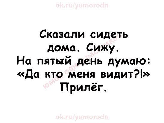 Сказали сидеть дома Сижу На пятый день думаю Да кто меня видит Прилёг