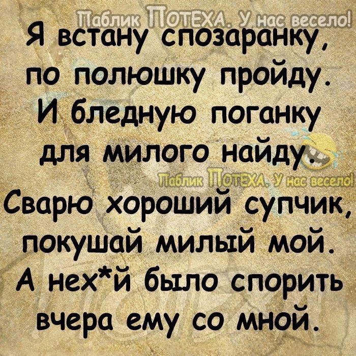 Я всіану споэаранку по полюшку пройду И бледную поганку для милого найду _ г дж _ ЕЫЩ Сварю хороший супчик покушай милый мой А нехй было спорить вчера ему со мн9й