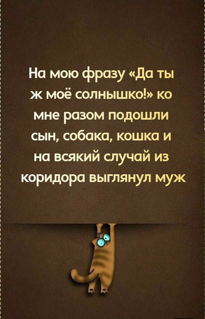 На мою фразу да ты ж моё солнышко ко мне разом подошли сын собака кошка и на всякий случай из КОРИДОРО ВЫГЛЯНУЛ МУЖ