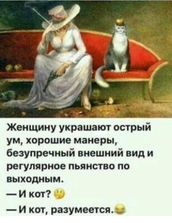 Женщину украшают острый ум хорошие манеры безупречный внешний вид и регулярное пьянство по выходным и кот и кот разумеется
