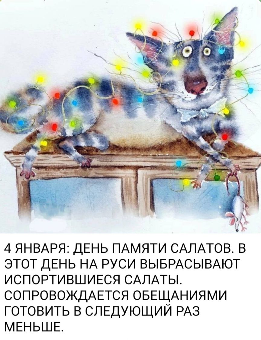 4 ЯНВАРЯ ДЕНЬ ПАМЯТИ САЛАТОВ В ЭТОТ ДЕНЬ НА РУСИ ВЫБРАСЫВАЮТ ИСПОРТИВШИЕСЯ САЛАТЫ СОПРОВОЖДАЕТСЯ ОБЕЩАНИЯМИ ГОТОВИТЬ В СЛЕДУЮЩИЙ РАЗ МЕНЬШЕ