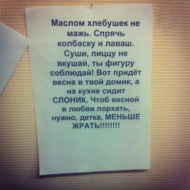 Масппм хпебушек не мажь Спрячь колбаску и паваш Суши пиццу не вкушай ты фигуру соблюдай Вот придёт веси в твой домик а на кухне сидит слоник Чтцб весной в любви поржать пупс дати МЕНЬШЕ ЖРАТЬШПШ